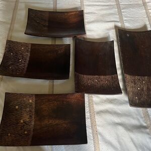 5 Piece Rectangular Wood Plate Serving Set W/ Carved Design--4 Plates, 1 Platter